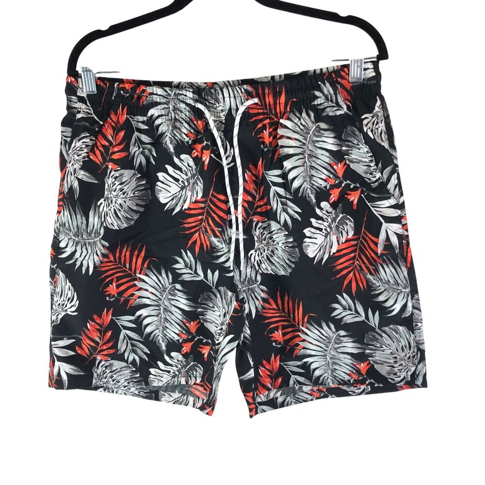 SSLR Mens Swim Trunks Mesh Lined Drawstring Palm Floral Black Red White 36